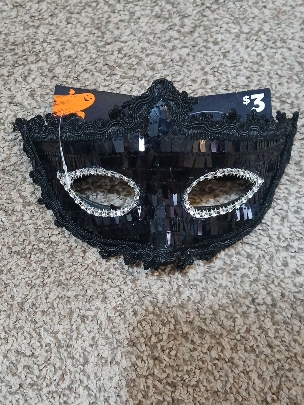 Black Sequin Masquerade Eye Mask with Rhinestone Trim